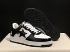 Angled view of the sneaker beside its black outsole, which features star and geometric tread patterns.