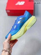 Side profile of the blue low-top running shoe with silver-gray side branding and a pale yellow sculpted midsole.