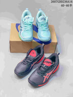 Aqua and black ASICS basketball shoes shown together in a product comparison image.