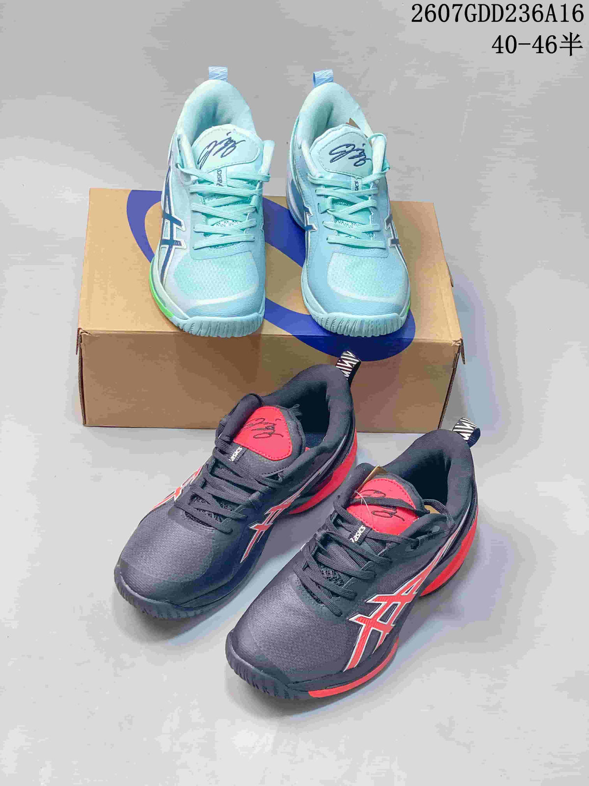 Aqua and black ASICS basketball shoes shown together in a product comparison image.