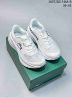 Pair of white Lacoste Neo Run sneakers displayed on a green shoebox, with the size range and product code overlaid above.