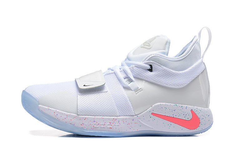 Side view of the white Nike PG 2 shoe with a pink Swoosh