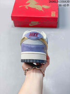 Rear view of the lavender Nike SB Dunk Low with contrasting heel panels and a red horse-themed box.