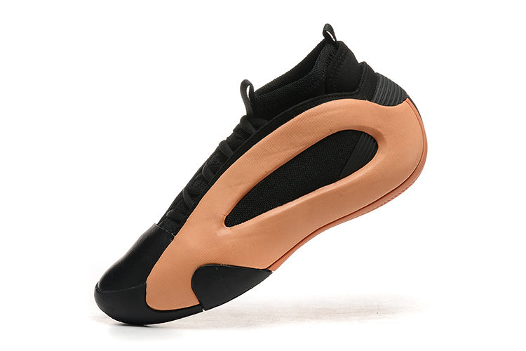 Side view of a black and peach-orange Harden Vol. 8 shoe
