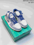 Pair of grey, white and blue Nike SB Dunk Low sneakers displayed on a green presentation box; overlay text shows 36–45 sizing.