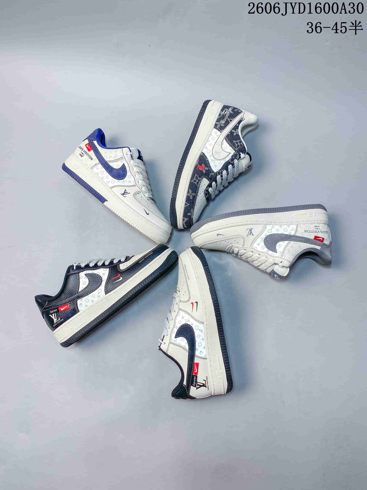 Several cream and dark-toned low-top sneakers arranged in a circle, showing different panel and accent variations.