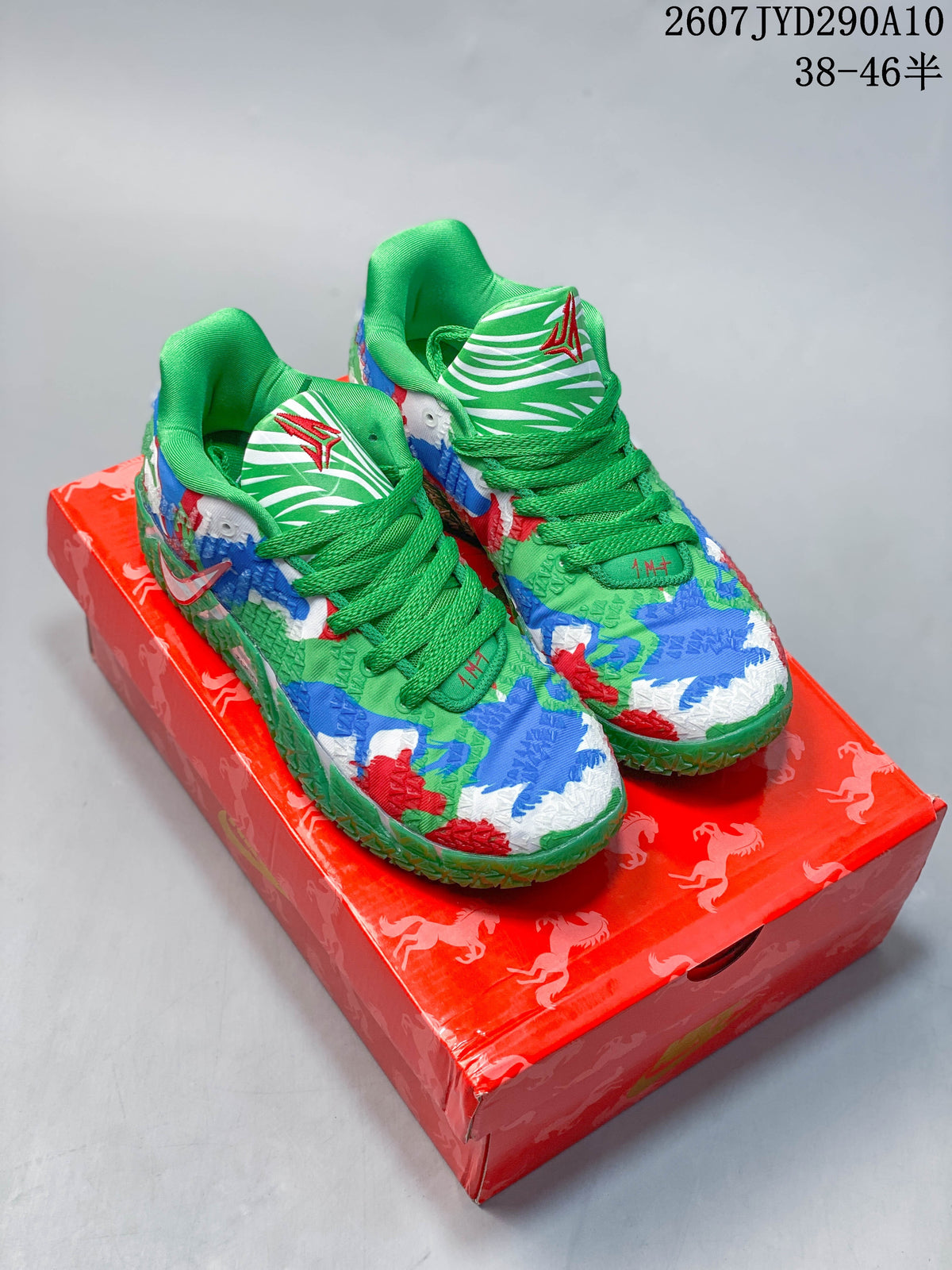 Pair of multicolor Nike Ja 3 sneakers with green laces and a red patterned box; image text shows style code 2607JYD290A10 and size range 38–46.