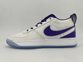 White low-top Nike-style sneaker with purple accents, side Swoosh design, and translucent blue-tinted outsole