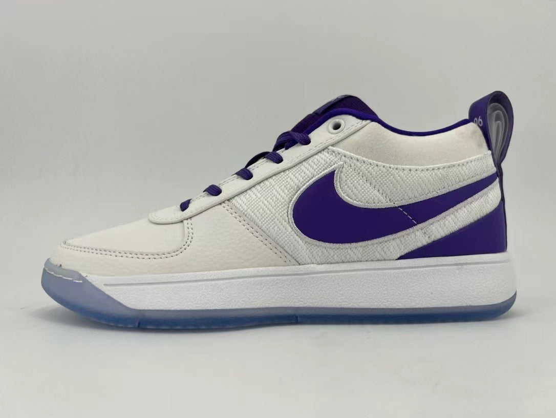 White low-top Nike-style sneaker with purple accents, side Swoosh design, and translucent blue-tinted outsole