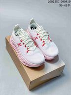 Pair of white On Cloudtilt sneakers with pink midsoles, red accents and a shoebox; overlay shows style code 2607JGD1099A19 and size range 36–41.5.
