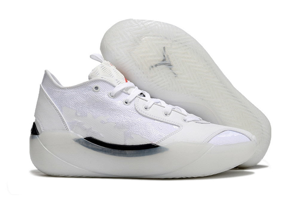 Side view of a white Jordan 39 shoe with the outsole visible.