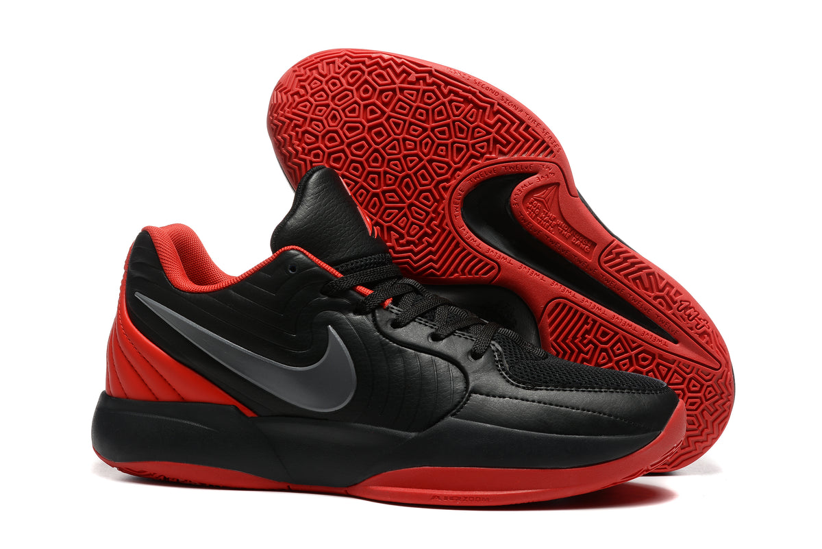 Black and red Nike Ja 2 basketball shoes, side and outsole views