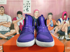 Front view of purple Nike Hyperdunk basketball shoes with white soles