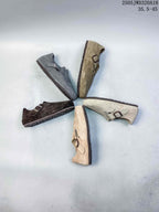 Five closed-toe sandals in different neutral colors arranged together; size range text appears in the image.