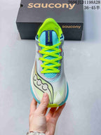 Top view of the Saucony running shoe showing its lace-up front and bright accents