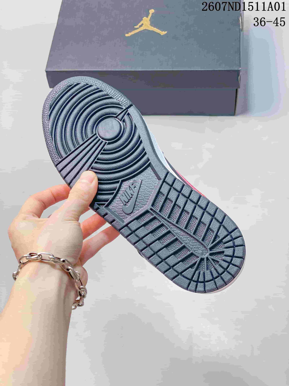 Close-up of the dark treaded outsole on a Jordan low-top sneaker