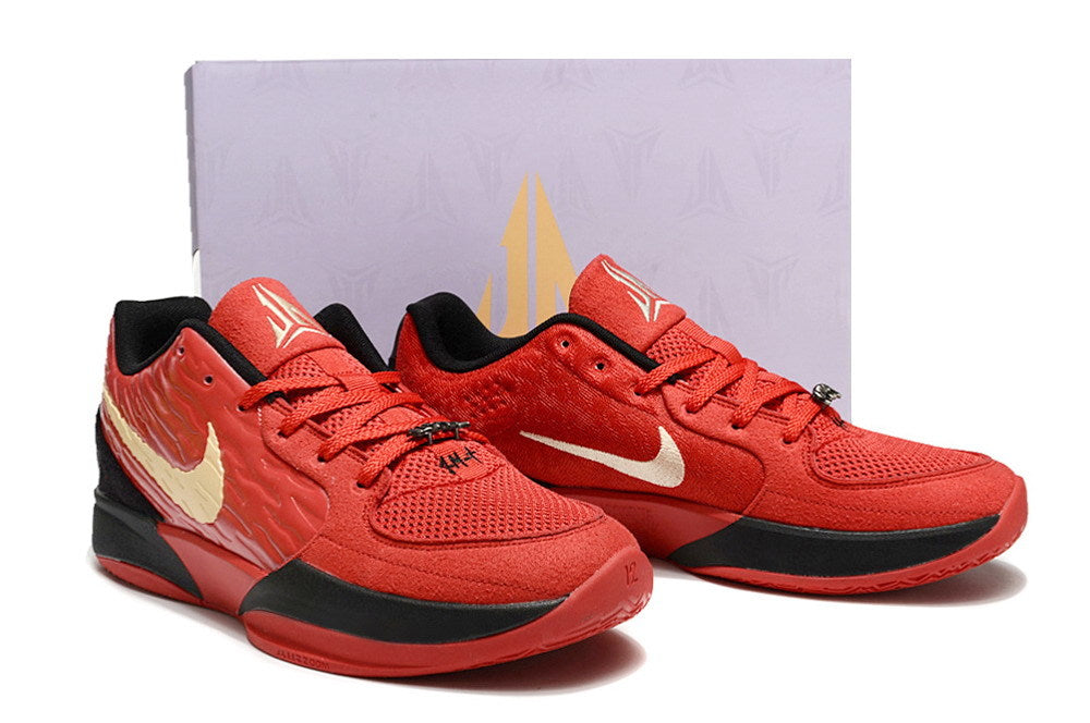 Red, black, and gold Ja 2 shoes pictured in front of a shoe box.