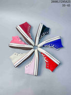 Overhead arrangement of high-top sneakers in several colors; size range 35–45 is printed in the image.