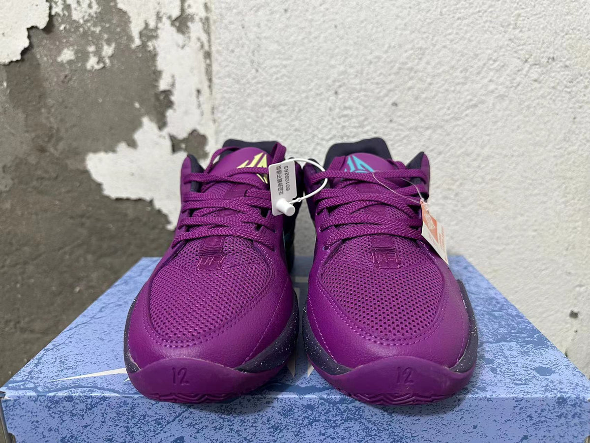Front view of purple Nike basketball shoes with mesh toe panels and lace-up fronts