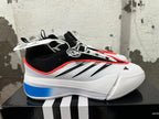 Side view of a white basketball shoe with blue heel panel and black three-stripe details