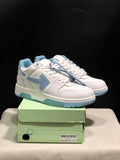 Pair of white and light blue Off-White Out Of Office low-top sneakers displayed on a green shoebox; the box label shows size 41.