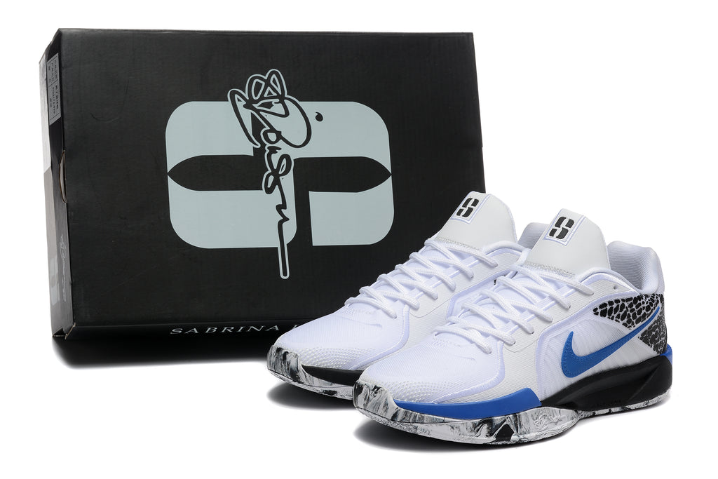 White and blue Sabrina basketball shoes beside a black Sabrina-branded shoe box