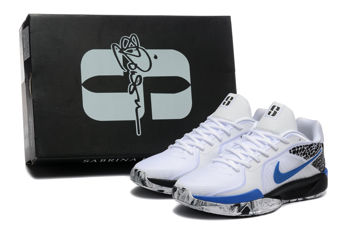 White and blue Sabrina basketball shoes beside a black Sabrina-branded shoe box