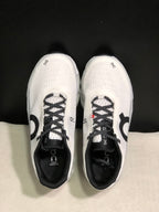 Top view of a pair of white On Cloudmonster 2 shoes with black patterned laces