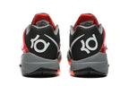 Rear view of black and red Nike KD 4 shoes with gray heels.
