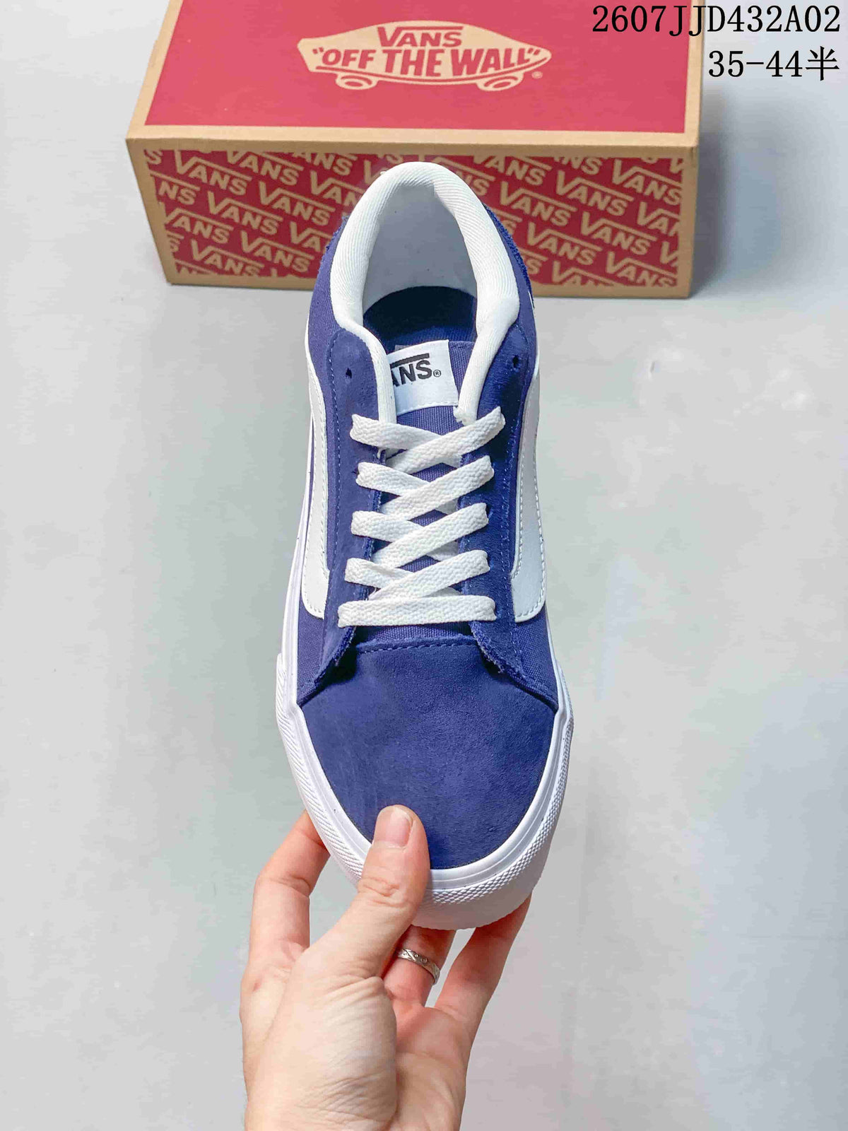 Top view of the blue sneaker with white laces and side stripe