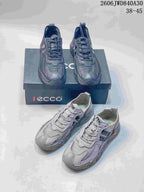 Dark gray and light gray ECCO mesh sneakers shown from several angles