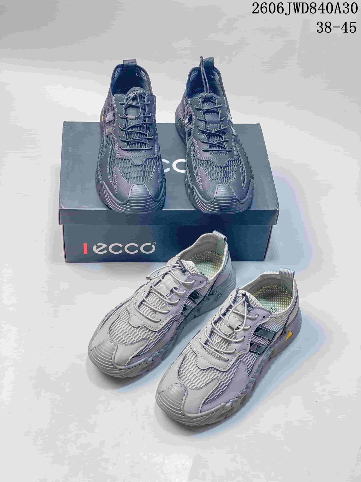 Dark gray and light gray ECCO mesh sneakers shown from several angles