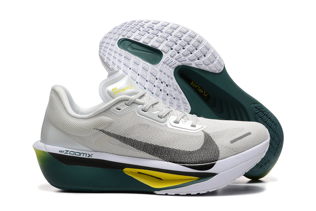 Off-white Nike Zoom Fly 6 side profile with dark green and yellow accents and patterned outsole