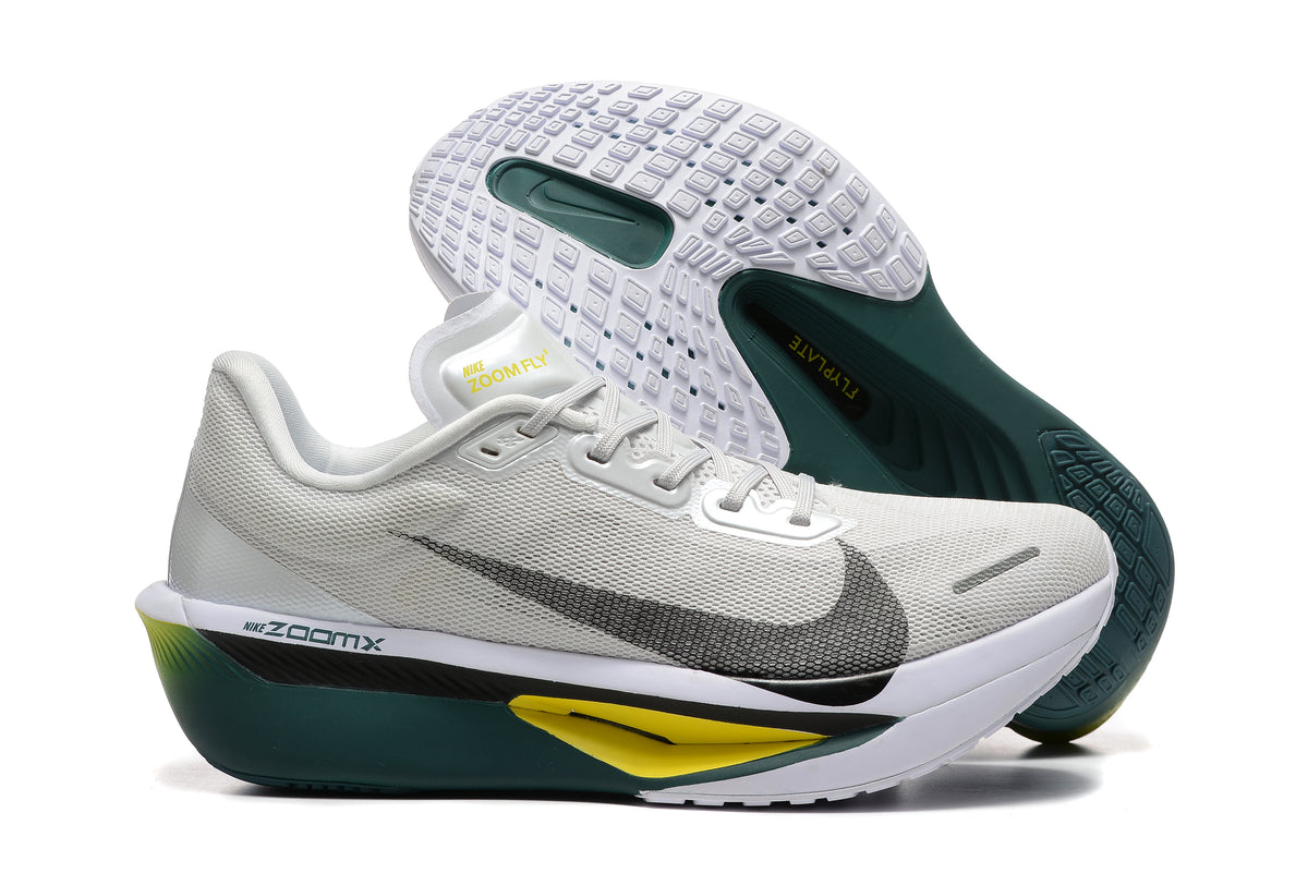 Off-white Nike Zoom Fly 6 side profile with dark green and yellow accents and patterned outsole