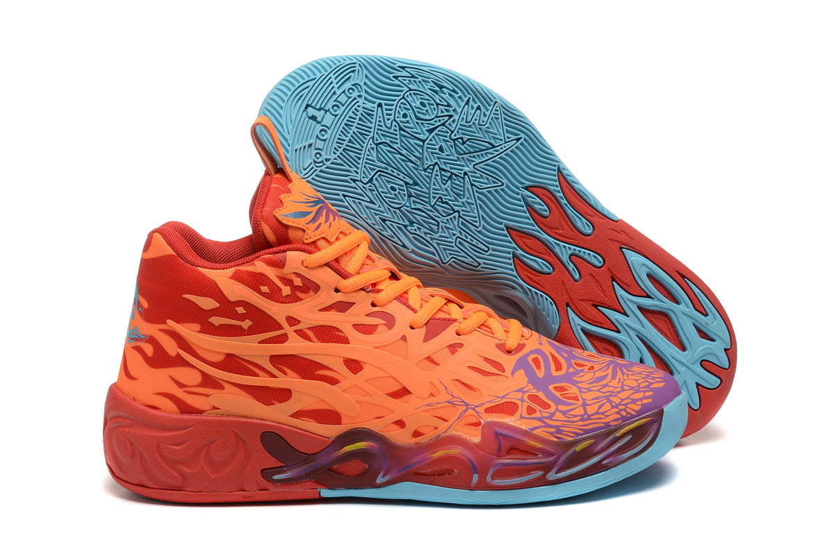 Orange and red high-top basketball shoes with light blue outsole accents.
