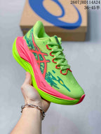 Angled side view of the lime green and pink ASICS SUPERBLAST 3 sneaker.