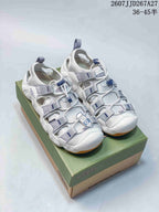 Pair of white and gray KEEN closed-toe outdoor sandals displayed on a branded shoebox; style code JJD267A27 and size range 36–45 are visible.