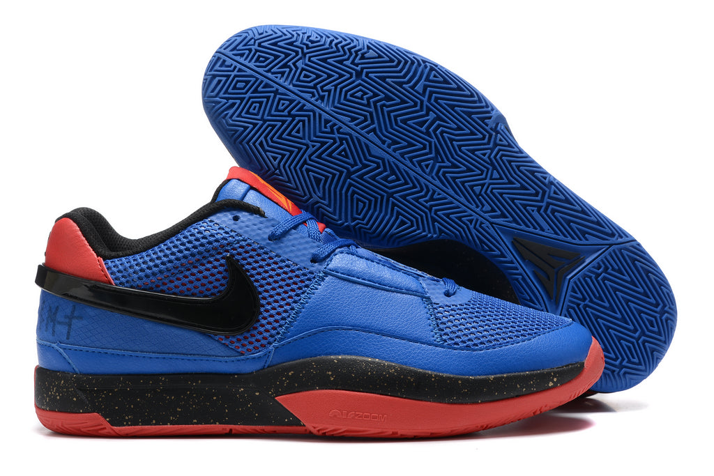 Blue Nike Ja 1 shoes with red and black accents and a blue patterned outsole.