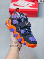 Black Nike high-top sneaker with purple and orange accents, perforated panels, laces and a hook-and-loop strap; style code 2607JVD416A16 and size range 40–45 are overlaid.