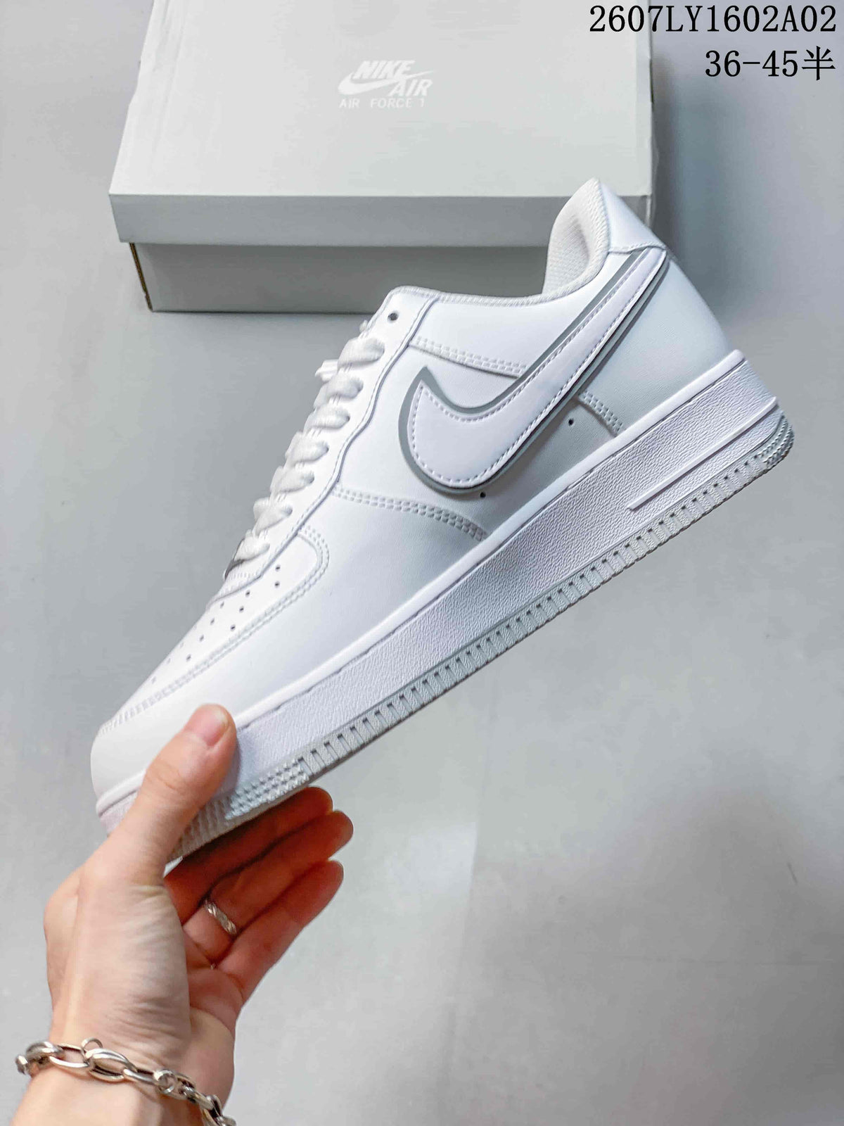 Side profile of a white Nike Air Force 1 '07 low-top sneaker
