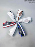 Multiple low-top Jordan sneakers arranged in a circle, showing white, brown, pink, black, blue, and grey color combinations; image text shows style code 2607JDD295A15 and sizes 36–45.