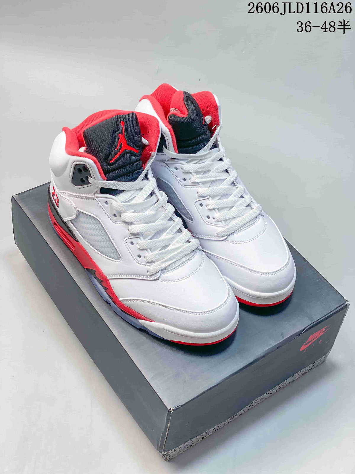 White Air Jordan 5 high-top sneakers with red and black accents