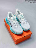 Pair of white and turquoise Nike Structure Plus sneakers displayed on an orange shoebox; overlay text shows style code 2607JHD970A20 and size range 39–45.