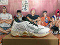 Side view of white Mizuno Wave Momentum 3 volleyball shoes with dark green laces and gum-colored outsole