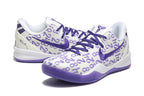 Pair of white and purple Kobe 8 Protro shoes.