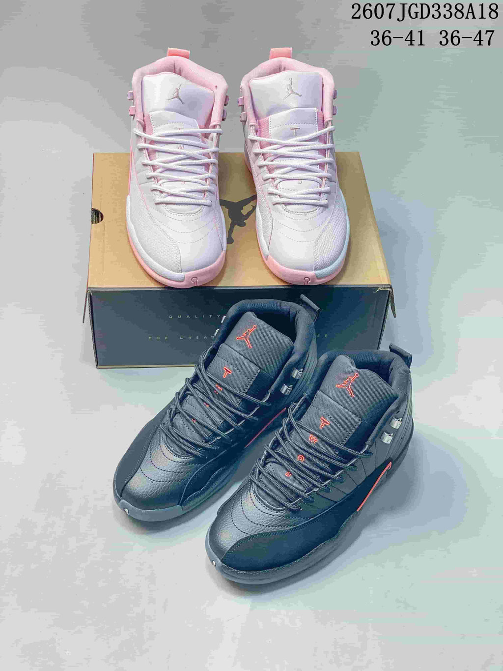 White and pink and black and red high-top sneaker pairs shown together; overlay text shows size ranges 36–41 and 36–47.