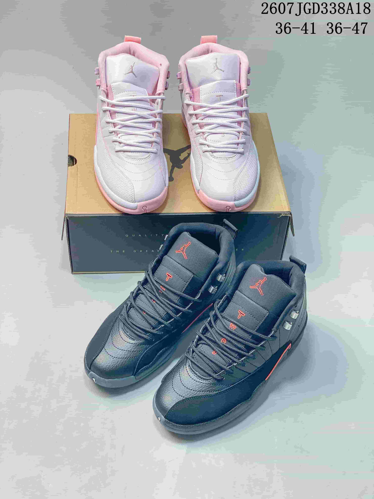 White and pink and black and red high-top sneaker pairs shown together; overlay text shows size ranges 36–41 and 36–47.