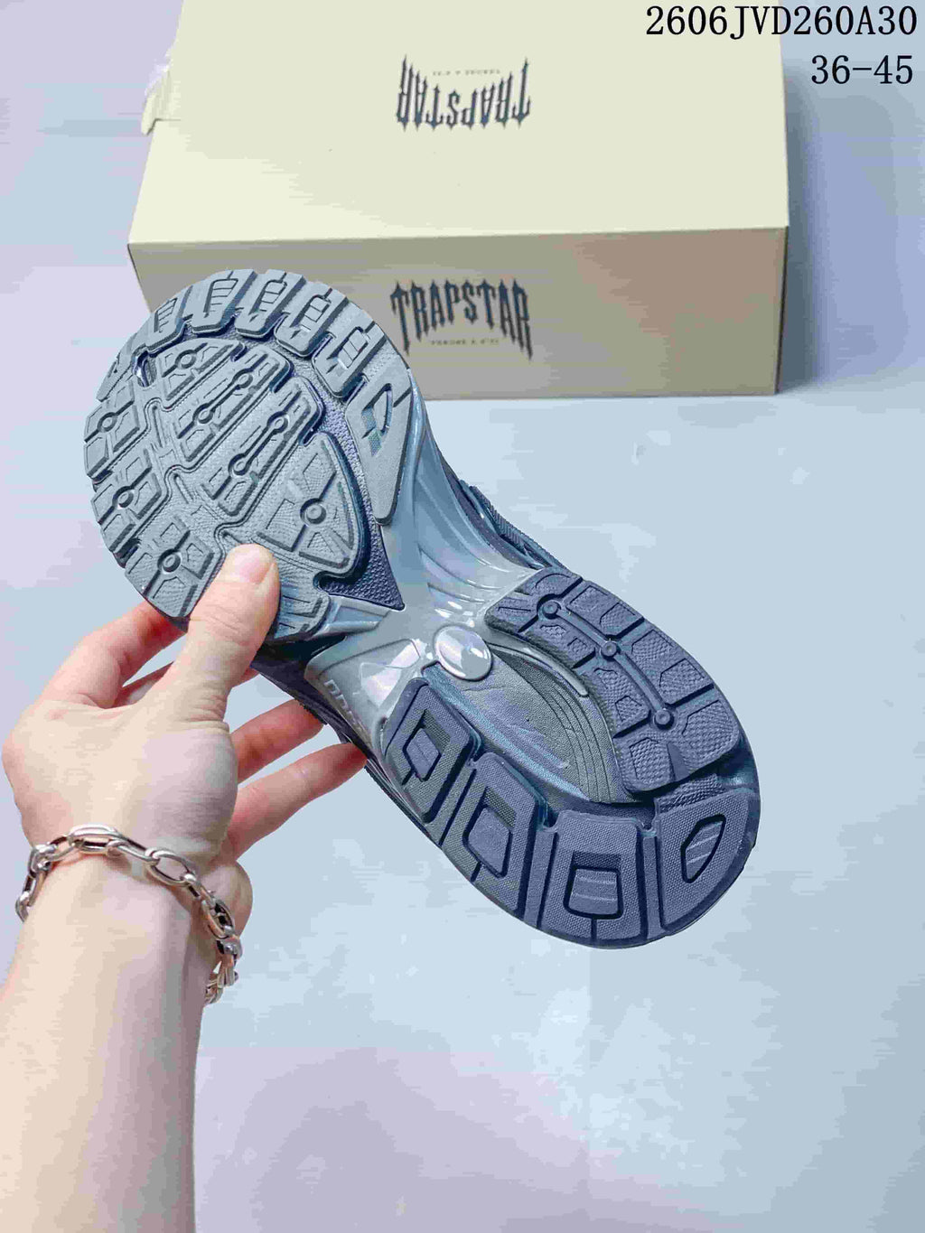 Tread pattern on the outsole of a gray sneaker, with a branded box behind it