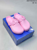 Pair of pink Birkenstock Madrid Big Buckle closed-toe sandals displayed on a blue shoe box; image text shows style code 2607VD545A15 and sizes 36–42.