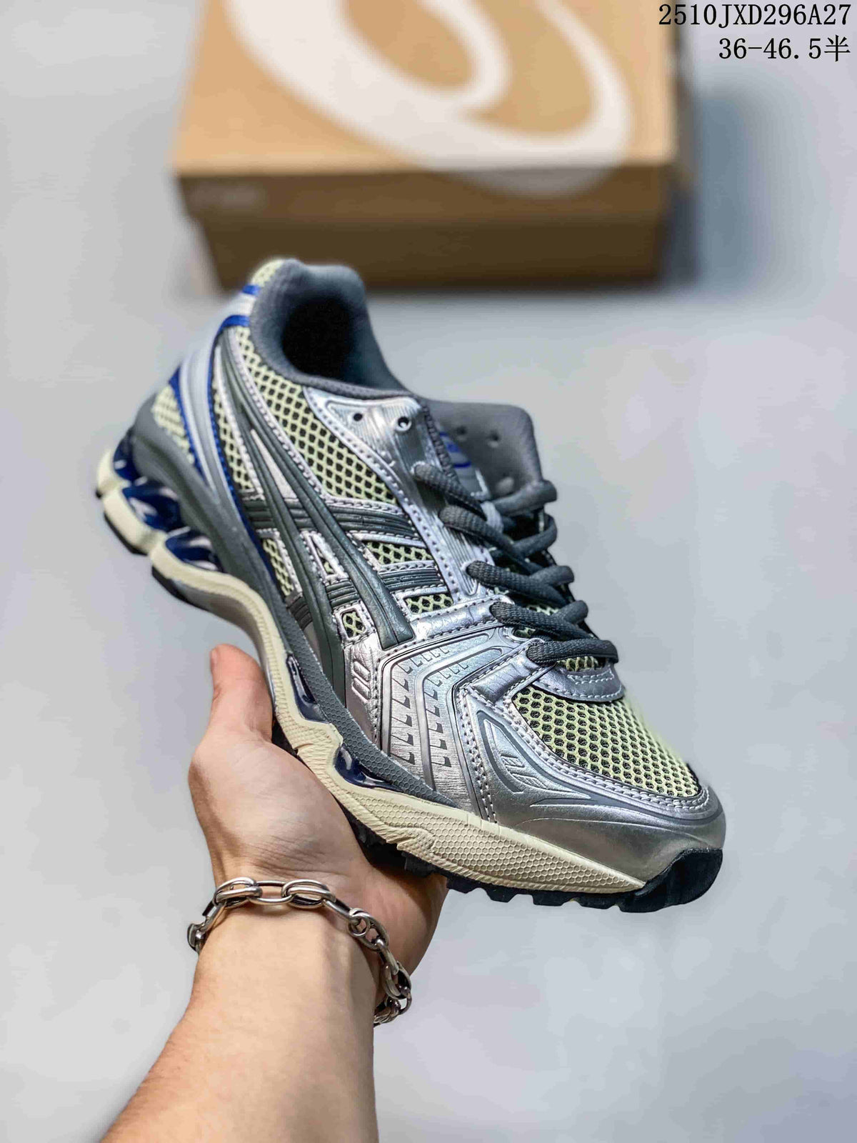 Silver and pale green mesh sneaker with dark blue accents